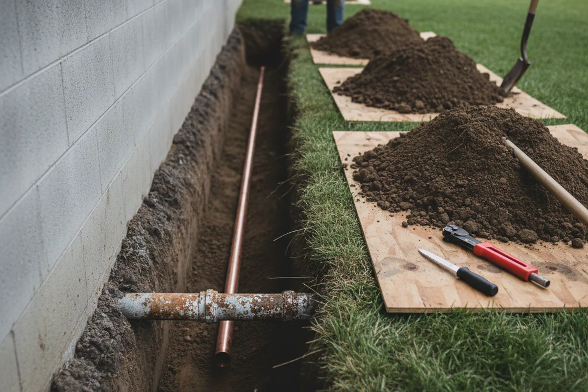 Excavated water line trench during Water Heater Repair in Millersport